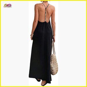 Backless Maxi Linen Dress Chic Summer Beach Resort Wear Swing Fit Elegant